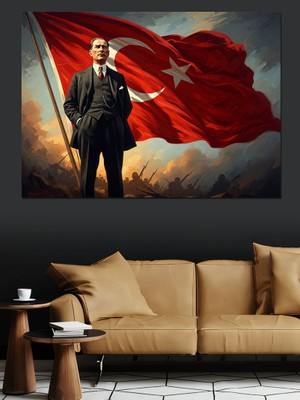 Karizma Tablo Türk Bayrağı Önünde Atatürk Portresi Dekoratif Kanvas - Mdf Ahşap Tablo