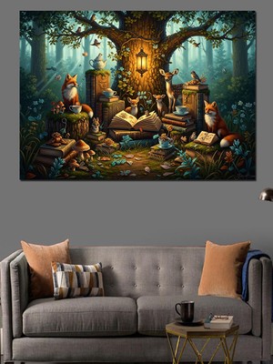 Karizma Tablo Ormandaki Hayvanlar ve Kitaplar Dekoratif Kanvas - Mdf Ahşap Tablo