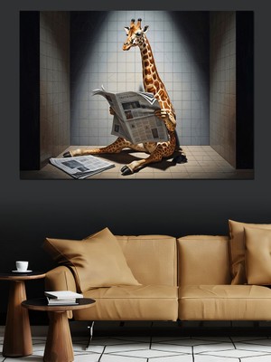 Karizma Tablo Gazete Okuyan Zürafa Banyo Tablosu Dekoratif Kanvas - Mdf Ahşap Tablo