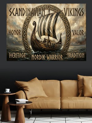 Karizma Tablo Iskandinav Viking Gemisi Geleneksel Logosu Dekoratif Kanvas - Mdf Ahşap Tablo