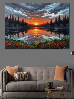 Karizma Tablo Karlı Ormanda Gün Batımı ve Göl Dekoratif Kanvas - Mdf Ahşap Tablo