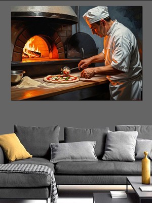 Karizma Tablo Taş Fırında Pizza Pişiren Usta Dekoratif Kanvas - Mdf Ahşap Tablo