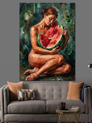 Karizma Tablo Karpuz Yiyen Doğal Kadın Portresi Dekoratif Kanvas - Mdf Ahşap Tablo