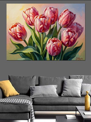 Karizma Tablo Yakın Çekim Pembe Lale Buketi Dekoratif Kanvas - Mdf Ahşap Tablo