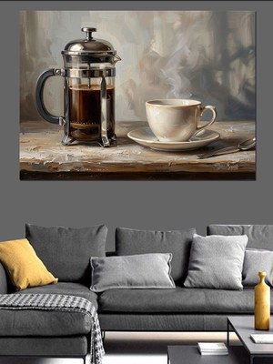 Karizma Tablo French Press ve Sıcak Kahve Dekoratif Kanvas - Mdf Ahşap Tablo