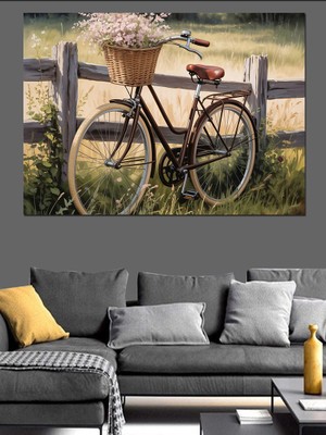 Karizma Tablo Çiçek Sepetli Klasik Eski Bisiklet Dekoratif Kanvas - Mdf Ahşap Tablo