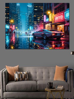 Karizma Tablo Gece Şehrinde Modern Spor Araba Dekoratif Kanvas - Mdf Ahşap Tablo