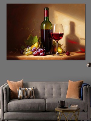 Karizma Tablo Masada Şarap Şişesi ve Meyve Sunumu Dekoratif Kanvas - Mdf Ahşap Tablo