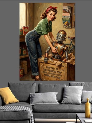 Karizma Tablo Garajda Tamir Yapan Pin-Up Kadın Dekoratif Kanvas - Mdf Ahşap Tablo