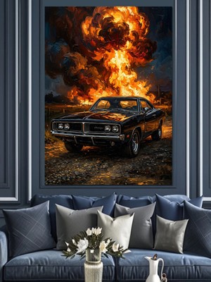 Karizma Tablo Patlama Önünde Siyah Klasik Araba Dekoratif Kanvas - Mdf Ahşap Tablo