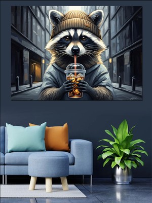 Karizma Tablo Kahve Içen Bereli Rakun Dekoratif Kanvas - Mdf Ahşap Tablo