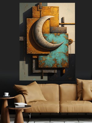 Karizma Tablo Metalik Dokulu Modern Ay Sembolü Dekoratif Kanvas - Mdf Ahşap Tablo