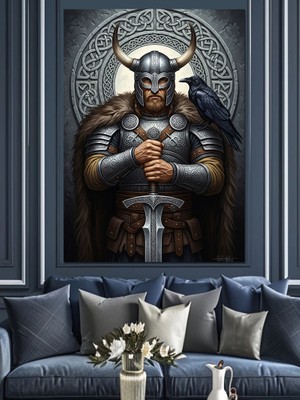 Karizma Tablo Kuzgunlu ve Zırhlı Viking Savaşçısı Dekoratif Kanvas - Mdf Ahşap Tablo