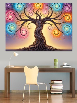Karizma Tablo Gökkuşağı Renkli Sarmal Hayat Ağacı Dekoratif Kanvas - Mdf Ahşap Tablo