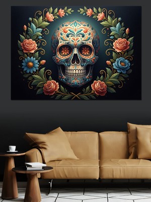 Karizma Tablo Güllerle Çevrili  Renkli Kurukafa Tasarımı Dekoratif Kanvas - Mdf Ahşap Tablo