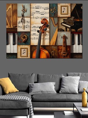Karizma Tablo Notalar ve Enstrümanlarla Müzik Kolajı Dekoratif Kanvas - Mdf Ahşap Tablo