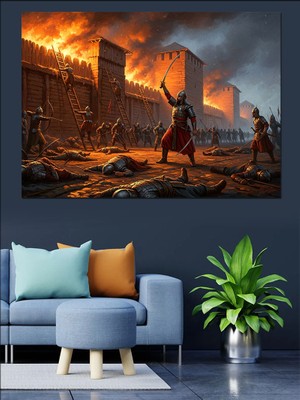 Karizma Tablo Kale Surlarında Savaşan Askerler Portre Dekoratif Kanvas - Mdf Ahşap Tablo