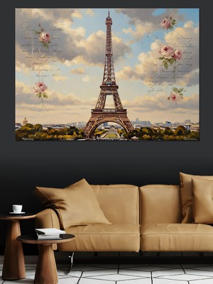 Karizma Tablo Çiçeklerle Süslü Uzak Eyfel Kulesi Dekoratif Kanvas - Mdf Ahşap Tablo