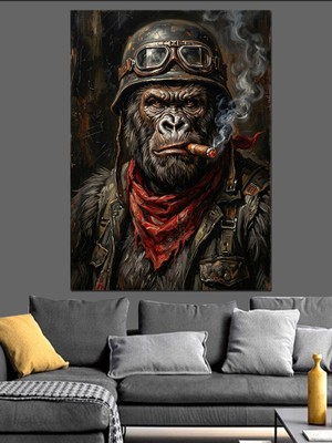 Karizma Tablo Puro Içen Pilot Goril Illüstrasyonu Dekoratif Kanvas - Mdf Ahşap Tablo