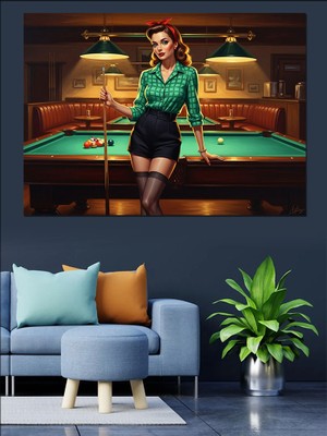 Karizma Tablo Bilardo Masasında Pin-Up Kadın Portresi Dekoratif Kanvas - Mdf Ahşap Tablo