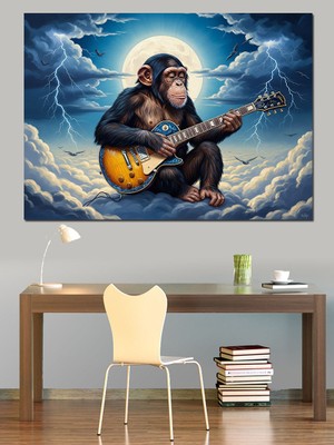 Karizma Tablo Uzayda Gitar Çalan Karizmatik Maymun Dekoratif Kanvas - Mdf Ahşap Tablo