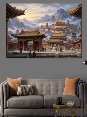 Karizma Tablo Antik Çin Tapınakları ve Dağlar Dekoratif Kanvas - Mdf Ahşap Tablo