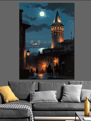 Karizma Tablo Gece Dolunay Altında Galata Kulesi Dekoratif Kanvas - Mdf Ahşap Tablo