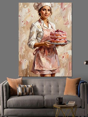 Karizma Tablo Pasta Tutan Şık Kadın Aşçı Dekoratif Kanvas - Mdf Ahşap Tablo