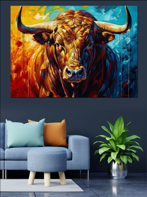 Karizma Tablo Renkli Arka Planda Boğa Portresi Dekoratif Kanvas - Mdf Ahşap Tablo