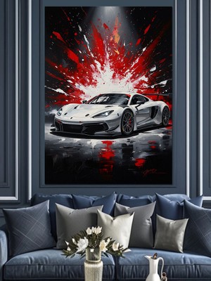 Karizma Tablo Kırmızı Boya Sıçramalı Beyaz Araba Dekoratif Kanvas - Mdf Ahşap Tablo