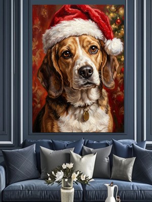 Karizma Tablo Noel Şapkalı Sevimli Beagle Köpeği Dekoratif Kanvas - Mdf Ahşap Tablo