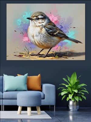 Karizma Tablo Çiçekli Dalda Duran Küçük Kuş Dekoratif Kanvas - Mdf Ahşap Tablo