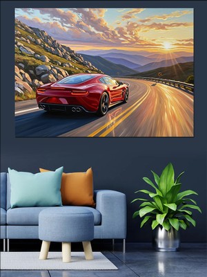 Karizma Tablo Gün Batımında Dağ Yolunda Araba Dekoratif Kanvas - Mdf Ahşap Tablo