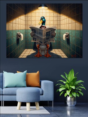 Karizma Tablo Gazete Okuyan Ördek Banyo Tablosu Dekoratif Kanvas - Mdf Ahşap Tablo