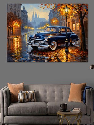 Karizma Tablo Yağmurlu Gecede Klasik Mavi Araba Dekoratif Kanvas - Mdf Ahşap Tablo