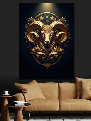 Karizma Tablo Altın Renkli Boynuzlu Koç Başı Logosu Dekoratif Kanvas - Mdf Ahşap Tablo