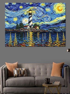 Karizma Tablo Van Gogh Tarzı Yıldızlı Gece Feneri Dekoratif Kanvas - Mdf Ahşap Tablo
