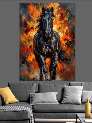 Karizma Tablo Alevler Içinde Şaha Kalkan Siyah At Dekoratif Kanvas - Mdf Ahşap Tablo