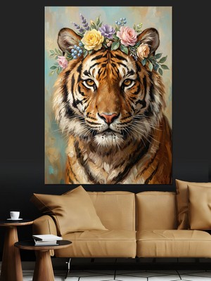 Karizma Tablo Çiçekten Taçlı Kaplan Başı Portresi Dekoratif Kanvas - Mdf Ahşap Tablo