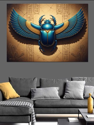 Karizma Tablo Kanatlı ve Altın Zırhlı Kutsal Böcek Dekoratif Kanvas - Mdf Ahşap Tablo