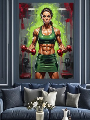 Karizma Tablo Yeşil Kıyafetli Güçlü Kadın Sporcu Dekoratif Kanvas - Mdf Ahşap Tablo