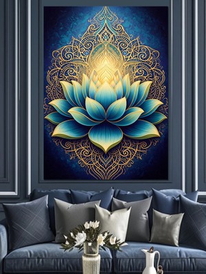 Karizma Tablo Altın Desenli Mavi Lotus Çiçeği Dekoratif Kanvas - Mdf Ahşap Tablo