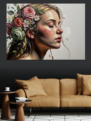 Karizma Tablo Çiçeklerle Bezeli Estetik Kadın Yüzü Dekoratif Kanvas - Mdf Ahşap Tablo