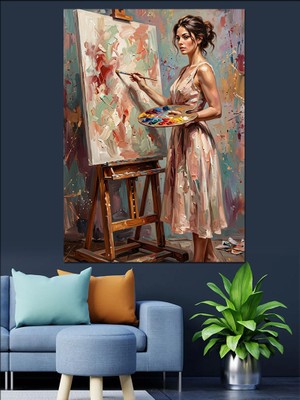 Karizma Tablo Tuval Başında Resim Yapan Kadın Dekoratif Kanvas - Mdf Ahşap Tablo