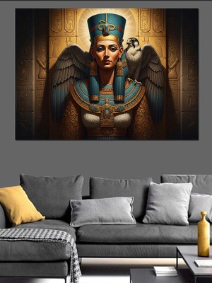Karizma Tablo Kanatlı Mısır Kraliçesi Heykeli Sanatı Dekoratif Kanvas - Mdf Ahşap Tablo
