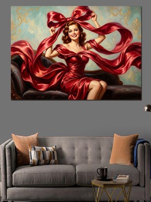 Karizma Tablo Kırmızı Elbiseli Dev Kurdeleli Kadın Dekoratif Kanvas - Mdf Ahşap Tablo