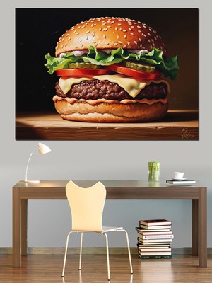 Karizma Tablo Dev ve Lezzetli Hamburger Portresi Dekoratif Kanvas - Mdf Ahşap Tablo