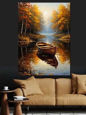 Karizma Tablo Sonbahar Gölünde Boş Ahşap Kayık Dekoratif Kanvas - Mdf Ahşap Tablo