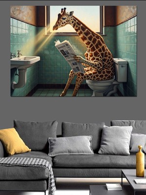Karizma Tablo Gazete Okuyan Zürafa Banyo Görseli Dekoratif Kanvas - Mdf Ahşap Tablo