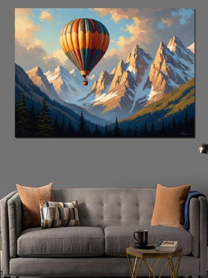 Karizma Tablo Dağlar Arasında Uçan Sıcak Balon Dekoratif Kanvas - Mdf Ahşap Tablo
